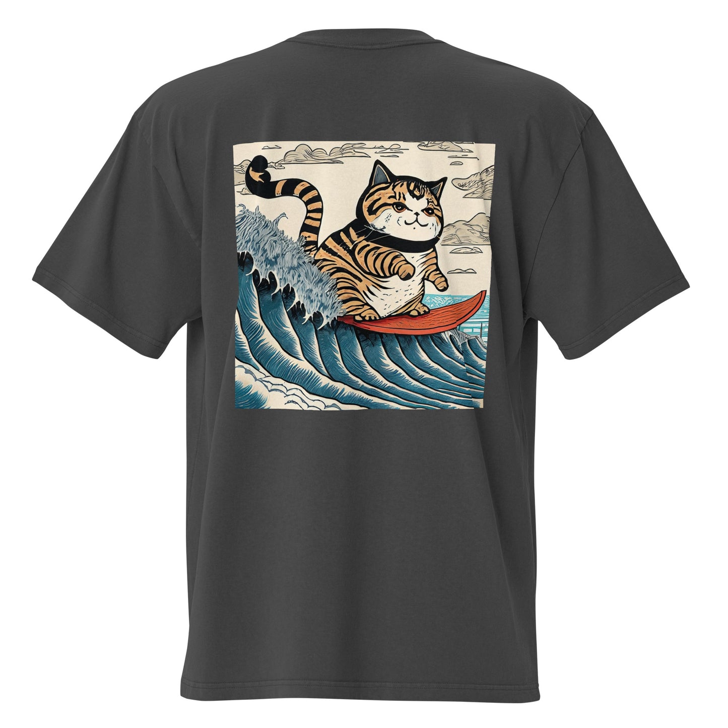 Cat Surfing Oversized (Woodblock Printing Style) Faded T-shirt by tokyozoodesign