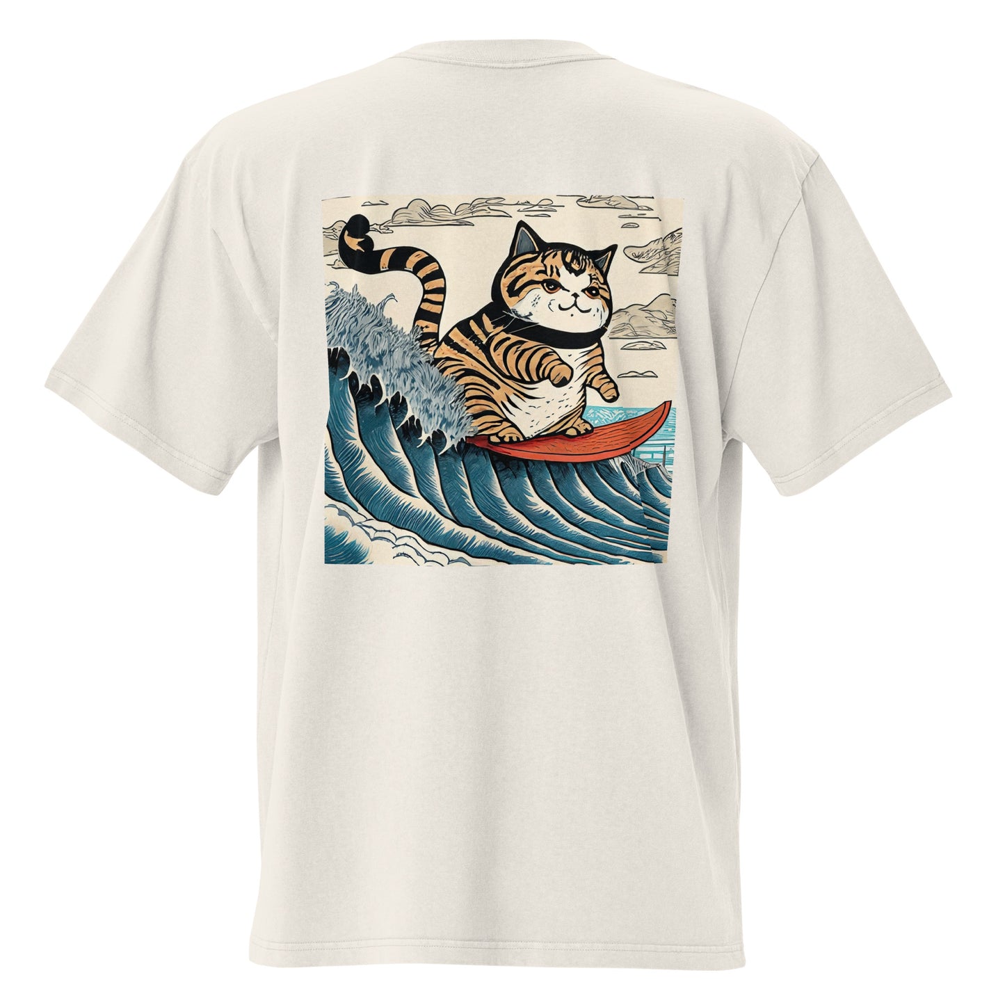 Cat Surfing Oversized (Woodblock Printing Style) Faded T-shirt by tokyozoodesign