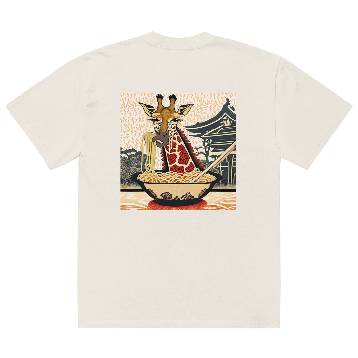 Giraffe Love Ramen (Woodblock Printing Style) Oversized Faded T-shirt by tokyozoodesign