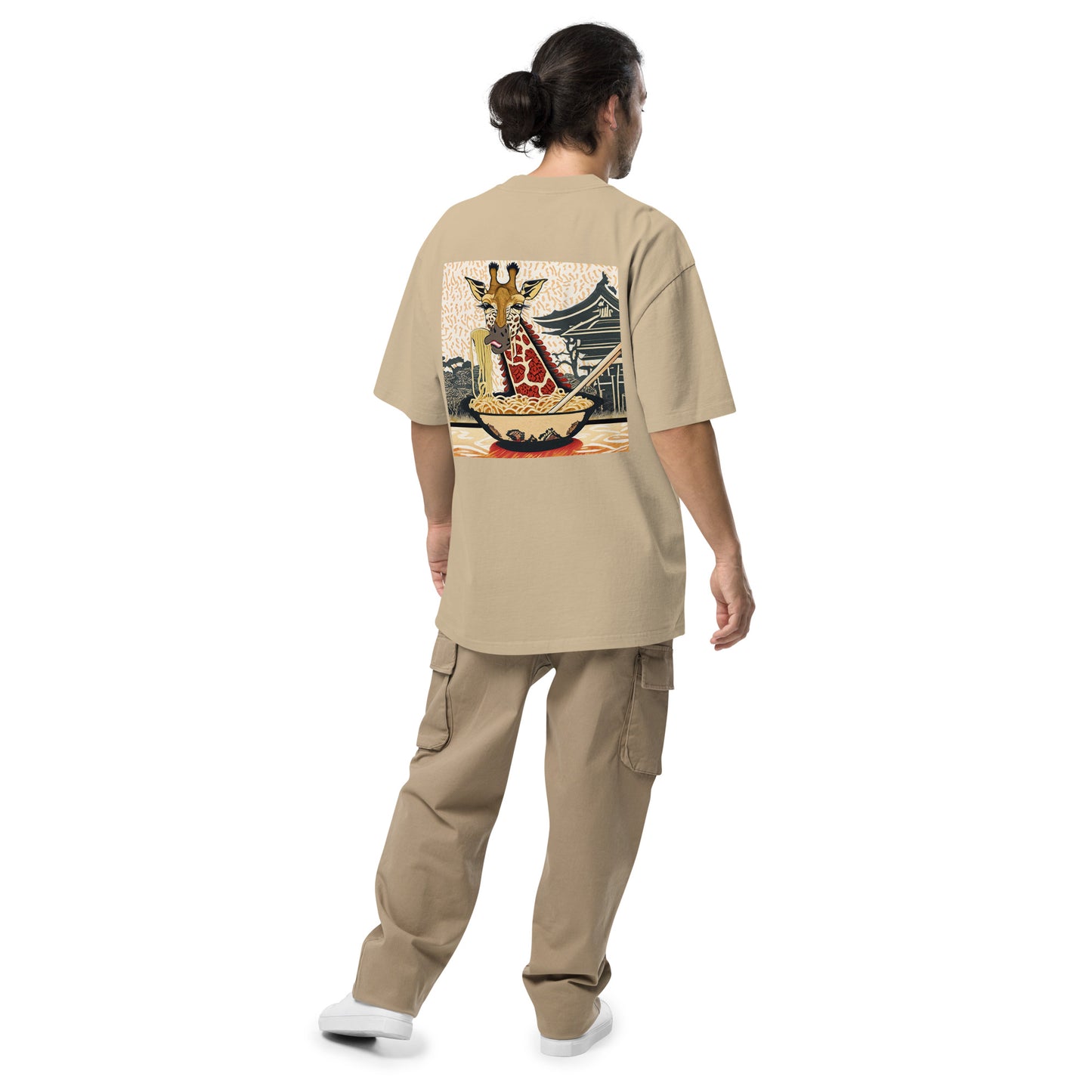 Giraffe Love Ramen (Woodblock Printing Style) Oversized Faded T-shirt by tokyozoodesign