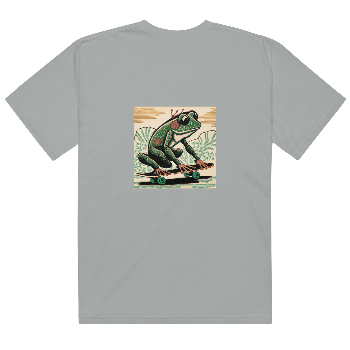 Frog Skateboarding (Woodblock Printing Style) Unisex Garment-Dyed Heavyweight Y-shirt by tokyozoodesign