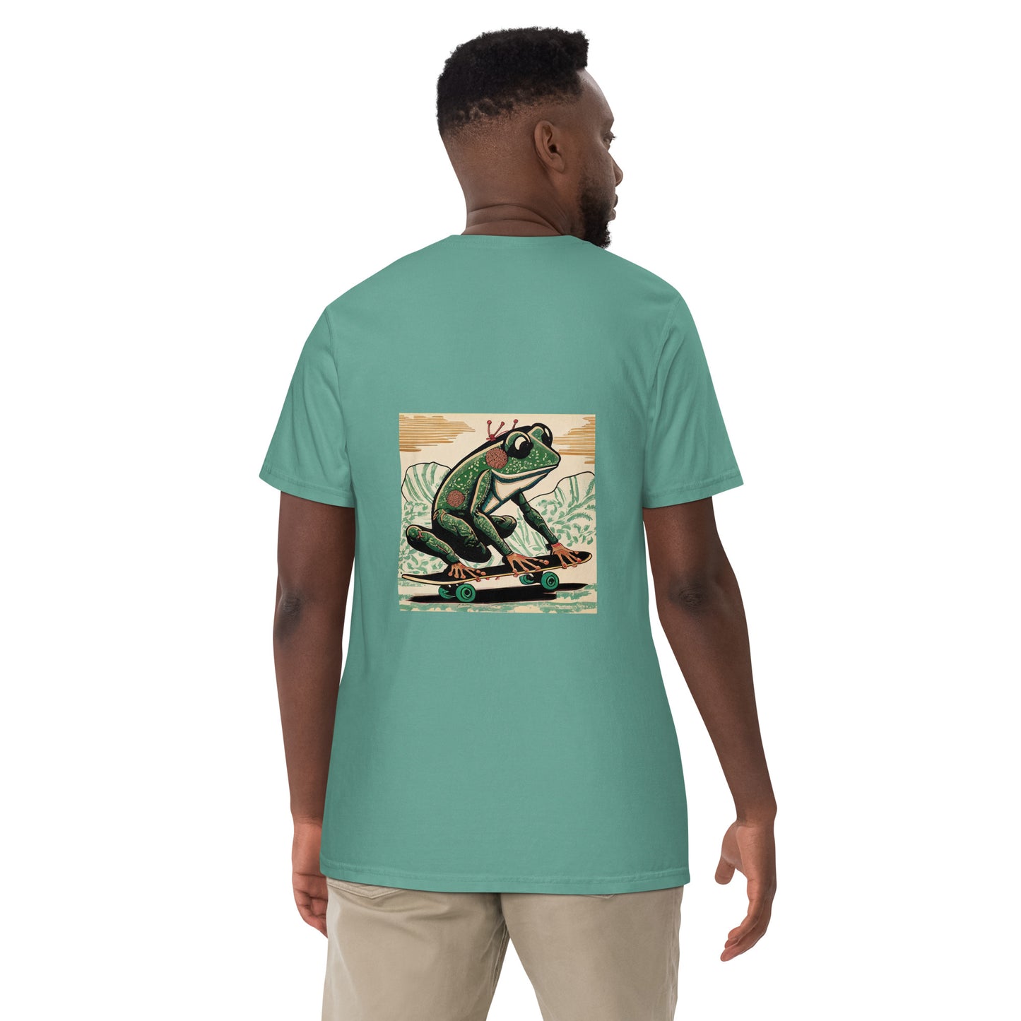 Frog Skateboarding (Woodblock Printing Style) Unisex Garment-Dyed Heavyweight Y-shirt by tokyozoodesign